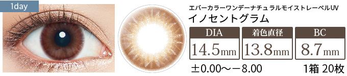 エバーカラーワンデーナチュラル モイストレーベルUV イノセントグラム(1箱20枚入り)