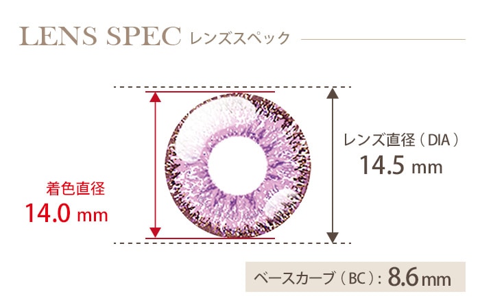 ドルチェ パーフェクトワンデー 江戸パープル (1箱6枚入り) DIA(レンズ直径) 着色直径 BC(ベースカーブ)
