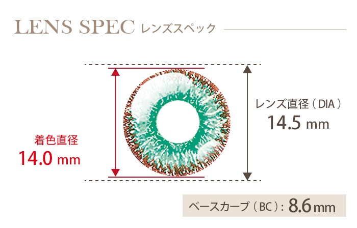 ドルチェ パーフェクトワンデー 翡翠グリーン (1箱6枚入り) DIA(レンズ直径) 着色直径 BC(ベースカーブ)
