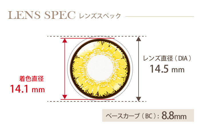 エティア クールワンデー ハニーゴールド(1箱6枚入り) DIA(レンズ直径) 着色直径 BC(ベースカーブ)