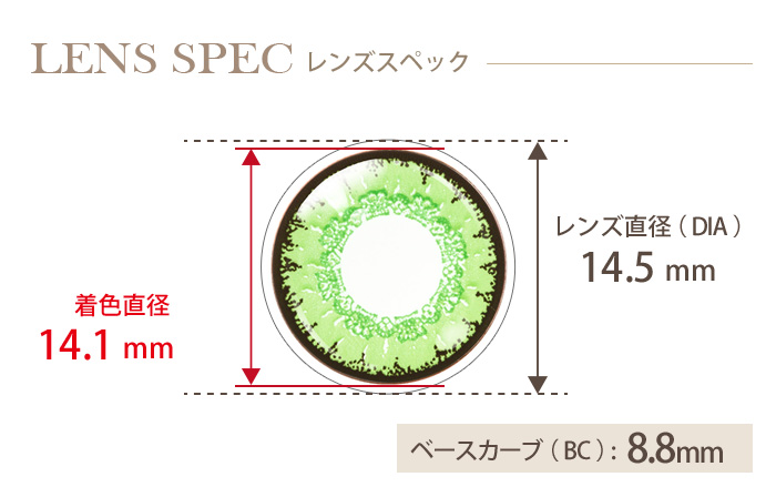 エティア クール ライム 度なし(1箱2枚入り) DIA(レンズ直径) 着色直径 BC(ベースカーブ)