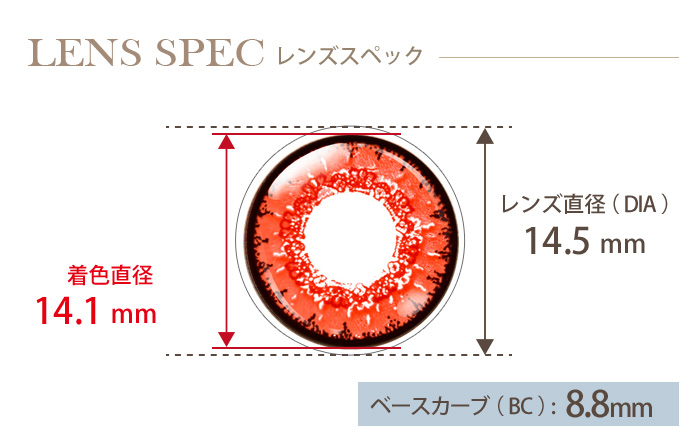 エティア クール バーミリオン 度なし(1箱2枚入り) DIA(レンズ直径) 着色直径 BC(ベースカーブ)