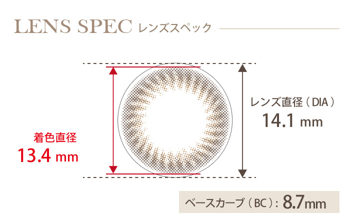 ワンデーリフレアビジュー ブラウン5(1箱10枚入り) DIA(レンズ直径) 着色直径 BC(ベースカーブ)